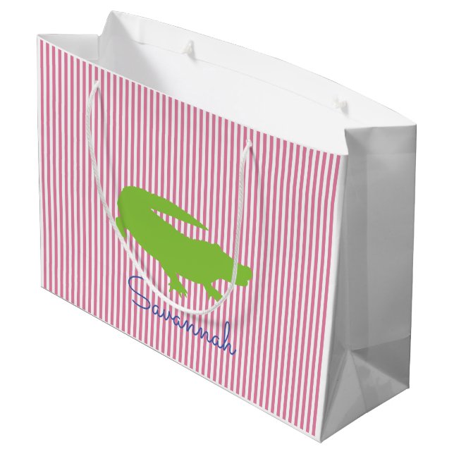 Green Alligator Pink Stripe NAME Preppy Colourful Large Gift Bag (Back Angled)