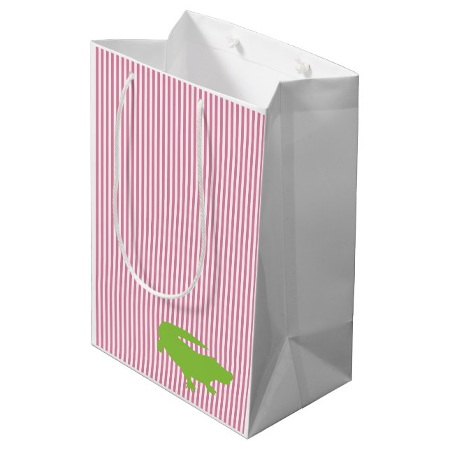 Green Alligator Pink Stripe Preppy Colourful Fun Medium Gift Bag (Back Angled)