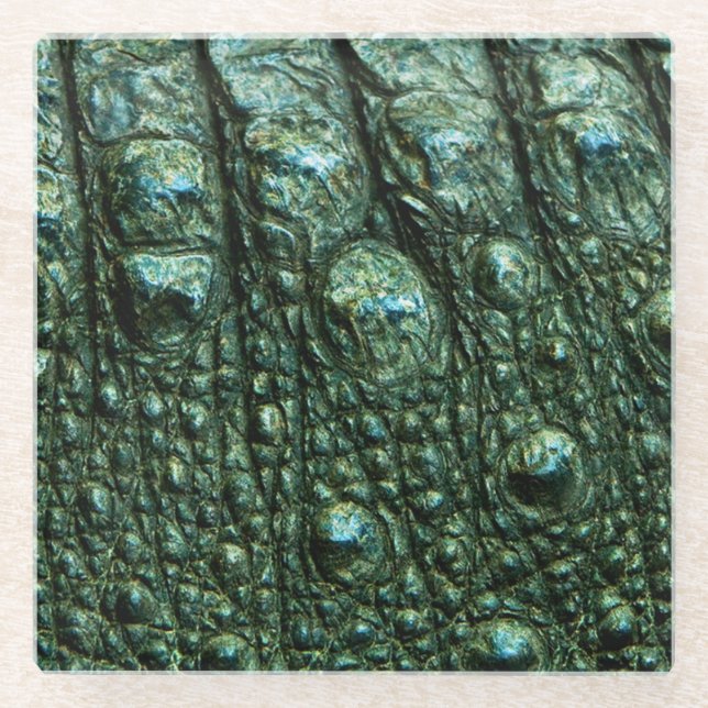 Green Alligator Skin Texture Glass Coaster (Front)