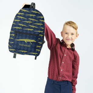 Green Alligators and Navy Blue Patterned Printed Backpack