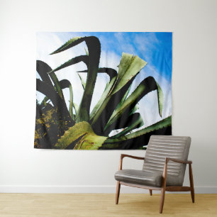 Green Aloe Plant with Bright Blue Sky Tapestry