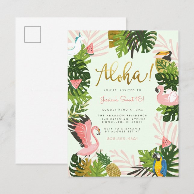 Green | Aloha Hawaii Tropical Gold Birthday Party Invitation Postcard (Front/Back)