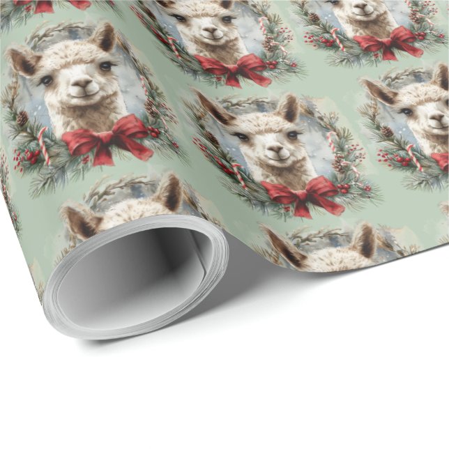 Green Alpaca Christmas Gift Wrapping Paper (Roll Corner)