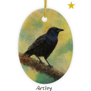 Green American Crow Bird Painting Year Christmas Ceramic Tree Decoration