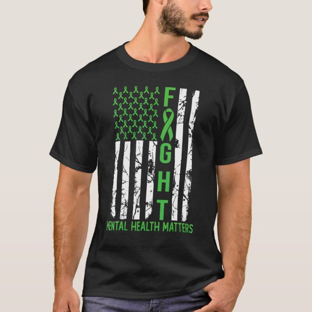 Green American Flag USA Mental Health Matters T-Shirt (Front)