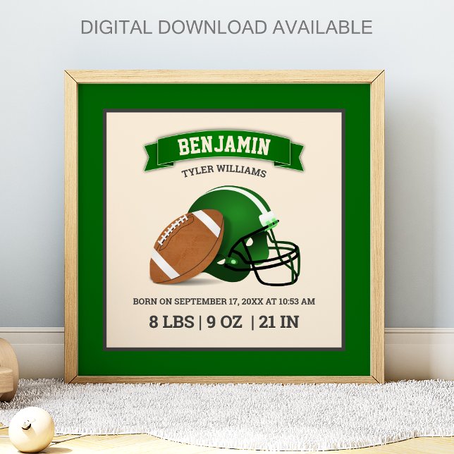 Green American Football Helmet Baby Birth Stats Poster (Creator Uploaded)