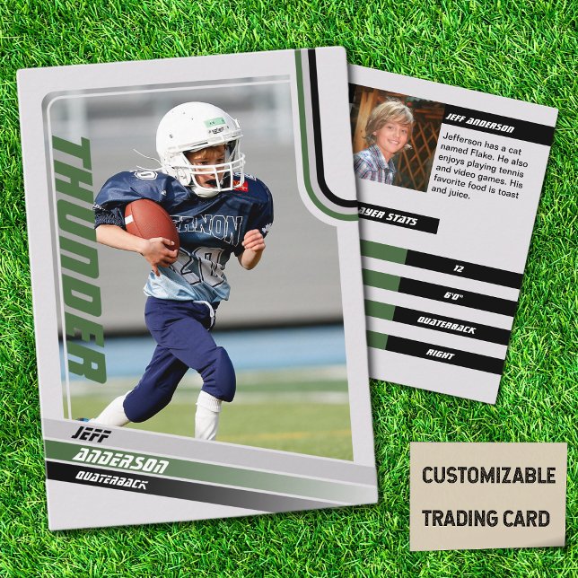 Green American Football Trading Card For Kids (American Football Player Trading Card for Kids in Grey with Custom Team and Player Name Green)