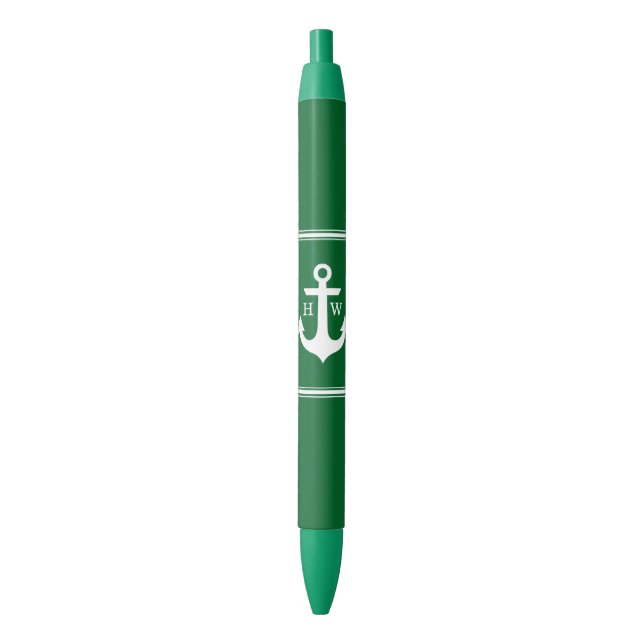 Green Anchor Monogrammed Black Ink Pen (Front Vertical)