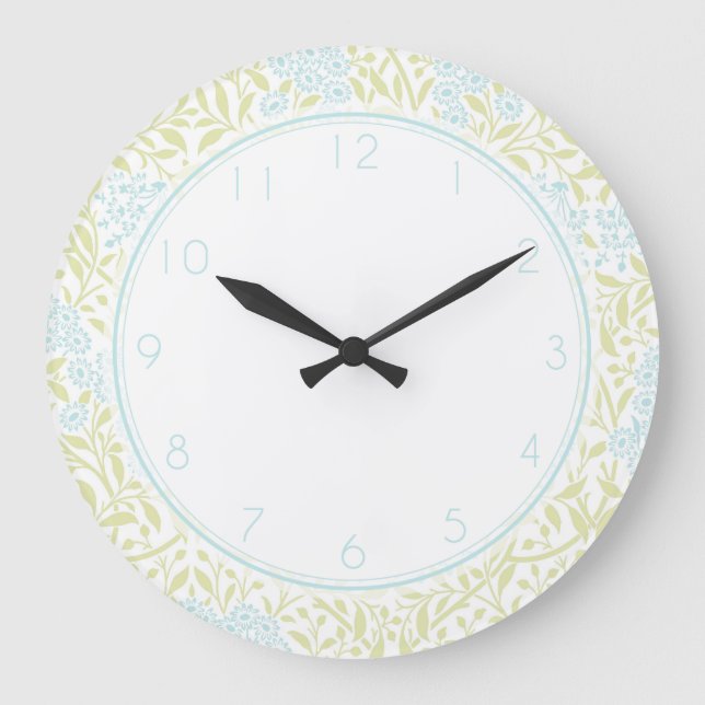 Green and Aqua Floral Damask Pattern Large Clock (Front)