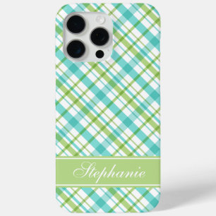 Green and Aqua Plaid Pattern iPhone 15 Pro Max Case