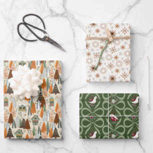 Green and Beige Christmas Forest Village Snowflake Wrapping Paper Sheet
