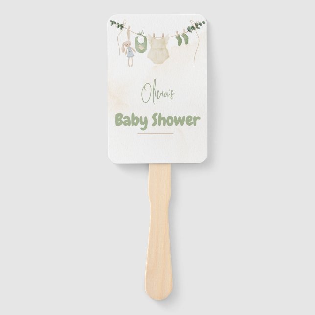 Green and Beige Delicate Watercolor Baby Shower Hand Fan (Front)