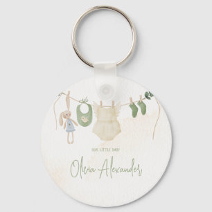 Green and Beige Delicate Watercolor Baby Shower Key Ring