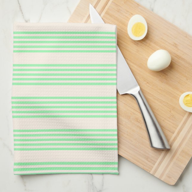 Green and beige five stripes pattern tea towel (Quarter Fold)