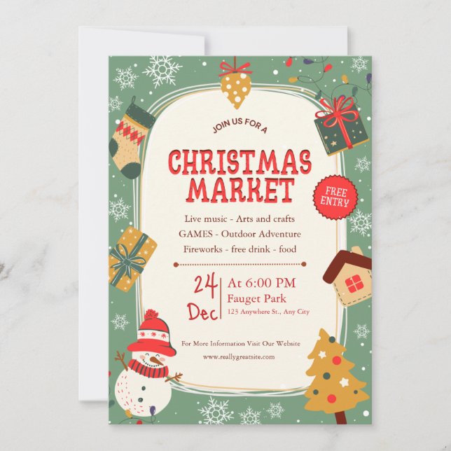 Green and Beige Ilustrative Christmas Market Card (Front)