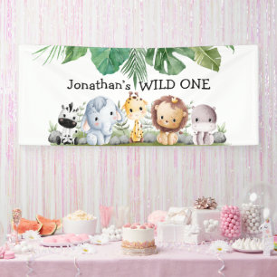 Green and beige safari wild one Birthday   Banner