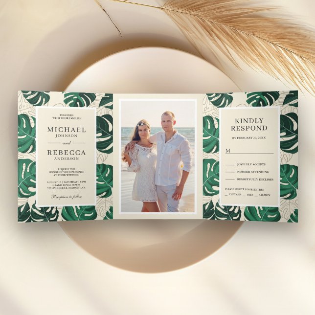 Green and Beige Tropical Monstera Leaves Wedding Tri-Fold Invitation (Creator Uploaded)
