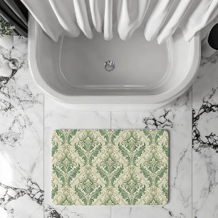 Green and Beige Vintage Botanical Flowers Pattern Bath Mat