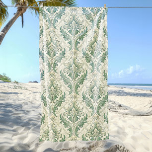 Green and Beige Vintage Botanical Flowers Pattern Beach Towel