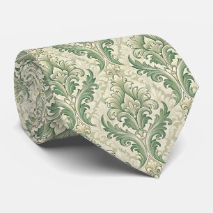 Green and Beige Vintage Botanical Flowers Pattern Tie