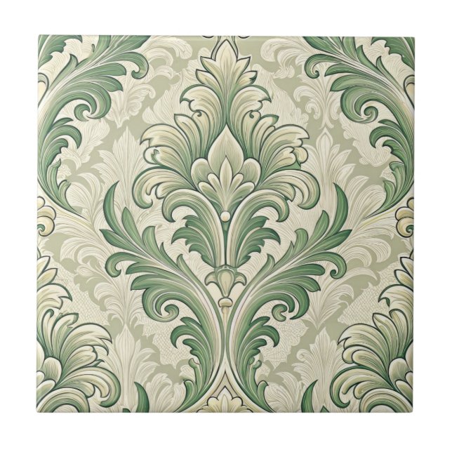 Green and Beige Vintage Botanical Flowers Pattern Tile (Front)