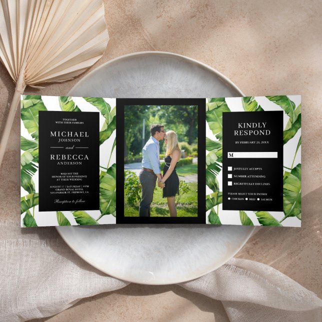Green and Black Banana Leaves Tropical Wedding Tri-Fold Invitation (Creator Uploaded)