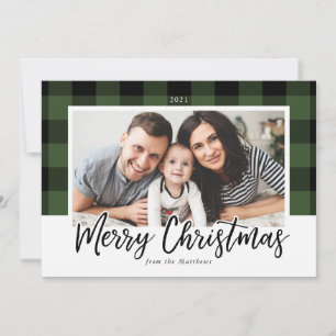 Green and Black Buffalo Check Christmas Photo Card