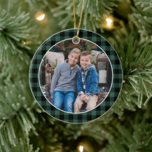 Green and Black Buffalo Plaid Custom Holiday Photo Ceramic Tree Decoration