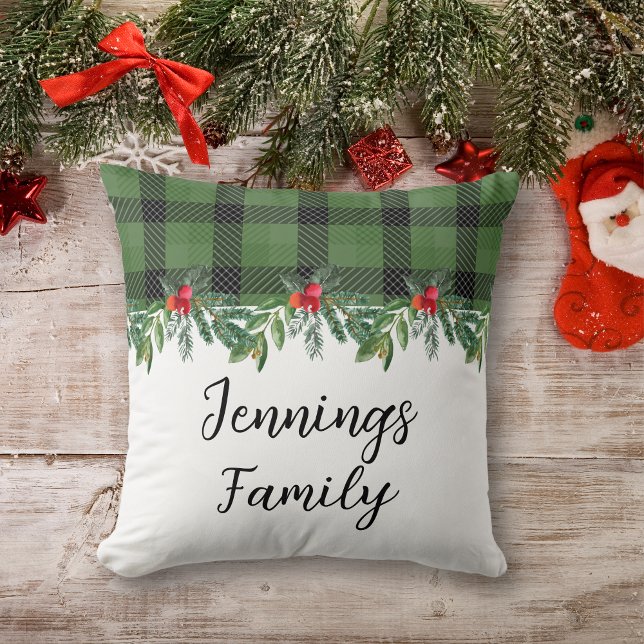 Green and Black Buffalo Plaid Family Christmas Cushion (Creator Uploaded)
