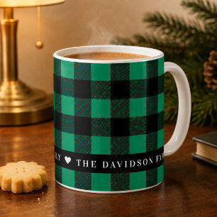 Green and Black Buffalo Plaid Family Name Holiday Coffee Mug