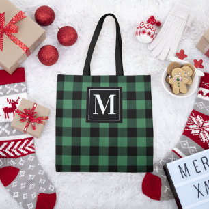 Green and Black Buffalo Plaid Monogram Tote Bag