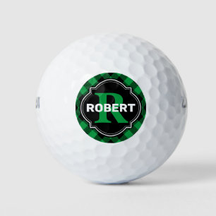 Green and Black Buffalo Plaid Name Monogram Golf Balls