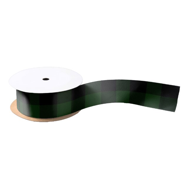 Green and Black Buffalo Plaid Patterned Satin Ribbon (Spool)