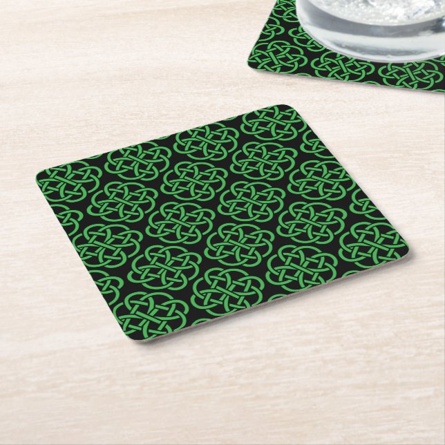 Green and Black Celtic Shield Knot Square Paper Coaster (Angled)