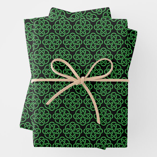 Green and Black Celtic Shield Knot  Wrapping Paper Sheet (In situ)