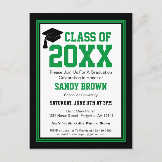 Green and Black Class Year Graduation Invitation Postcard (Front)