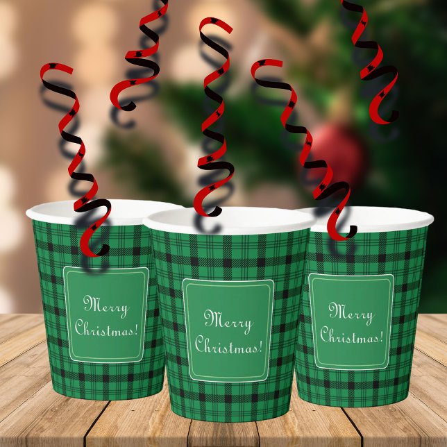 Green and Black Cosy Plaids Merry Christmas Paper Cups (Creator Uploaded)