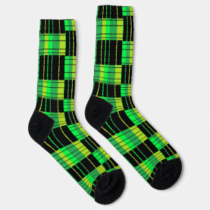 Green and Black Crew Socks With Plaid Style Design