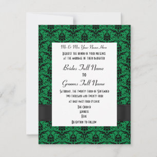 Green and black damask formal wedding invitation