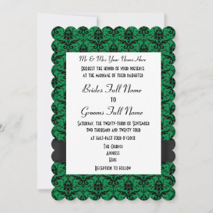 Green and black damask formal wedding invitation