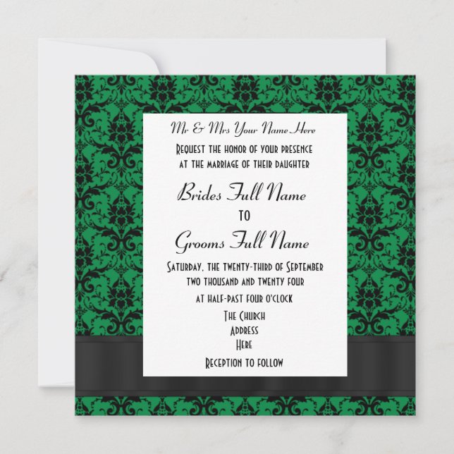 Green and black damask formal wedding invitation (Front)