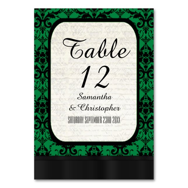 Green and black damask pattern table number (Front)