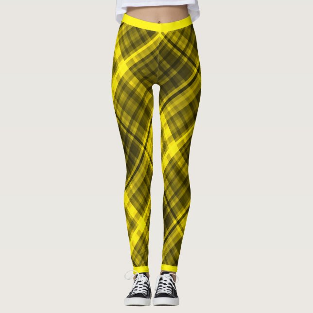 Green And Black Fashion Diagonal Madras Pattern Leggings (Front)