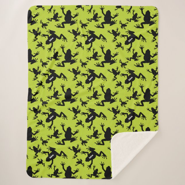 Green and Black Frog Pattern Kids Sherpa Blanket (Front)