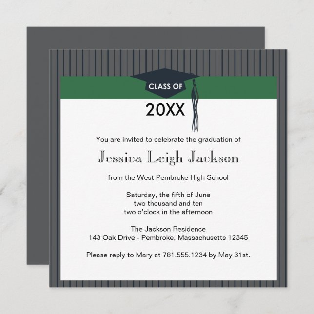 Green and Black Graduation Cap Invitation (Front/Back)