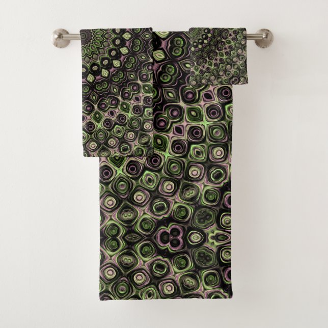 Green and Black Kaleidoscope Mandala Pattern Bath Towel Set (Insitu)