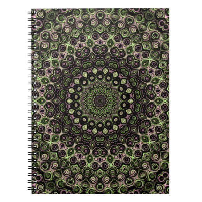Green and Black Kaleidoscope Mandala Pattern Notebook (Front)