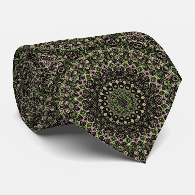 Green and Black Kaleidoscope Mandala Pattern Tie (Rolled)