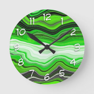 Green and Black Marble like Striped Fluid Art    Round Clock