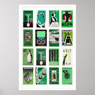 Green and Black Matchbox Label Collage, retro Poster
